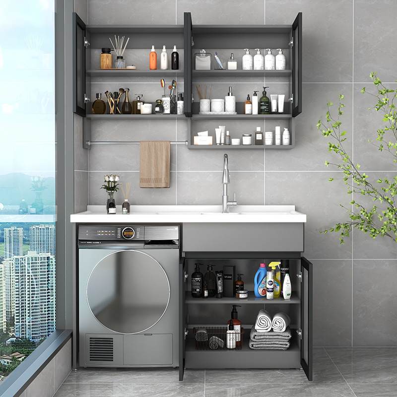 太空铝阳台洗衣机柜组合可订滚筒洗衣池台面带搓板一体洗衣机柜子