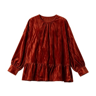 妮茨维砖红色日系甜美宽松荷叶花边娃娃衫女秋季穿搭丝绒长袖上衣
