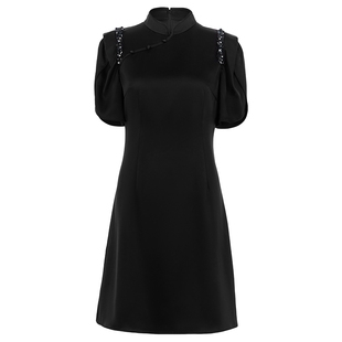 【马丽同款】花木深手工立体珠绣中式黑色连衣裙立领三醋酸旗袍裙