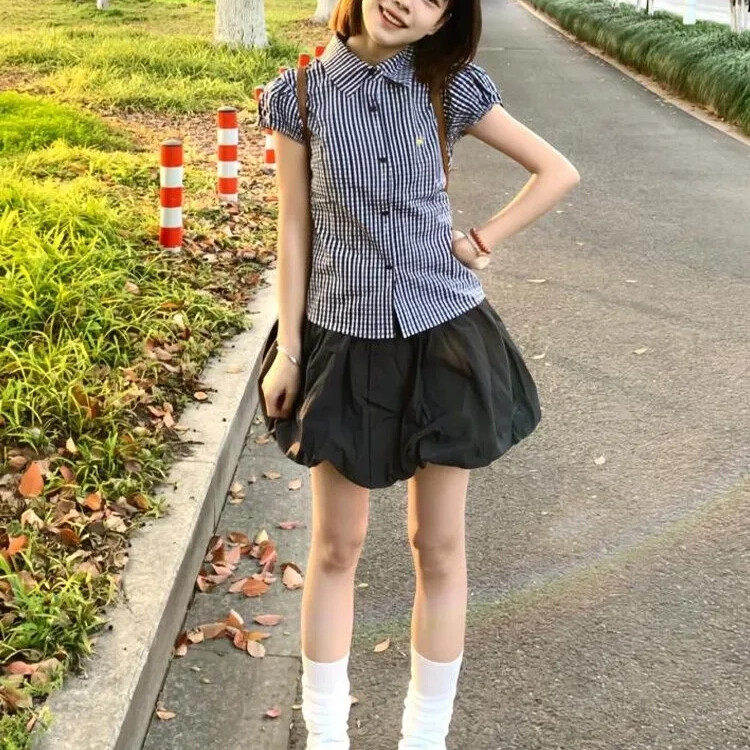 复古少女格子套装夏季收腰短袖衬衫黑色花苞裤裙两件套短裙小个子