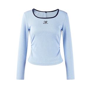 秋水伊人休闲撞色方领T恤2026年春季新款女时尚玫瑰绣花收腰上衣