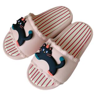 细细条 学生休闲家居凉拖鞋女趣味黑色小猫夏季外穿拼色条纹拖鞋