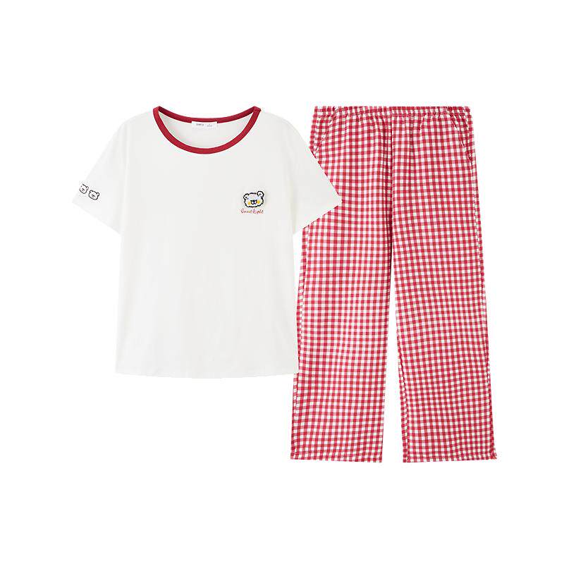 三福女夏季卡通魔术贴圆领睡衣套装 趣味短袖裤子家居服517851