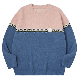 PSO Brand男装女装可爱小羊提花撞色圆领长袖毛衣外套针织衫上衣