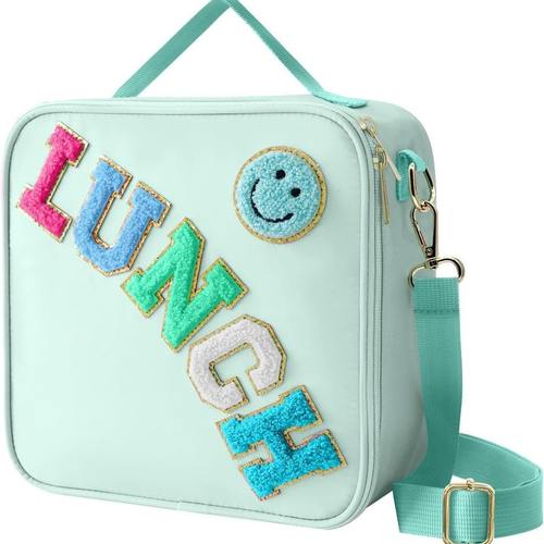 爆款尼龙刺绣笑脸午餐贴布字母便当手提野餐袋便携户外包包保温