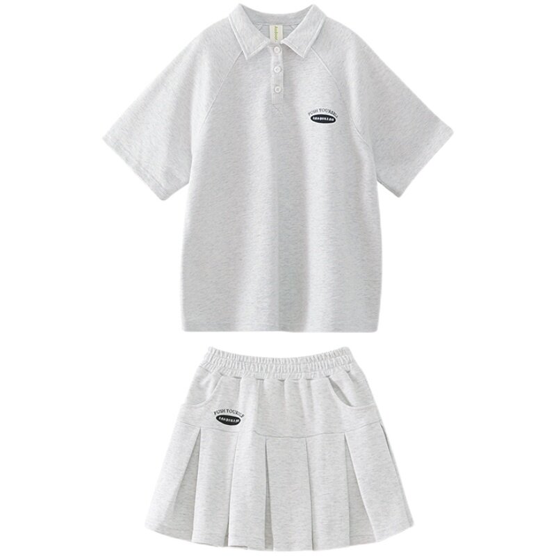 女童套装2025夏装新款女大童初中生polo短袖两件套儿童简约半身裙
