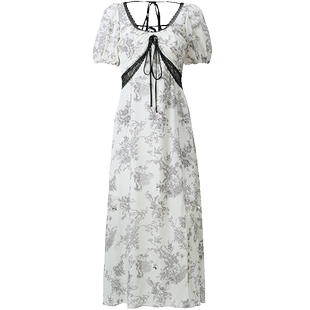 【商场同款】MAXRIENY国风手绘复古色蕾丝装饰连衣裙桑蚕丝裙子