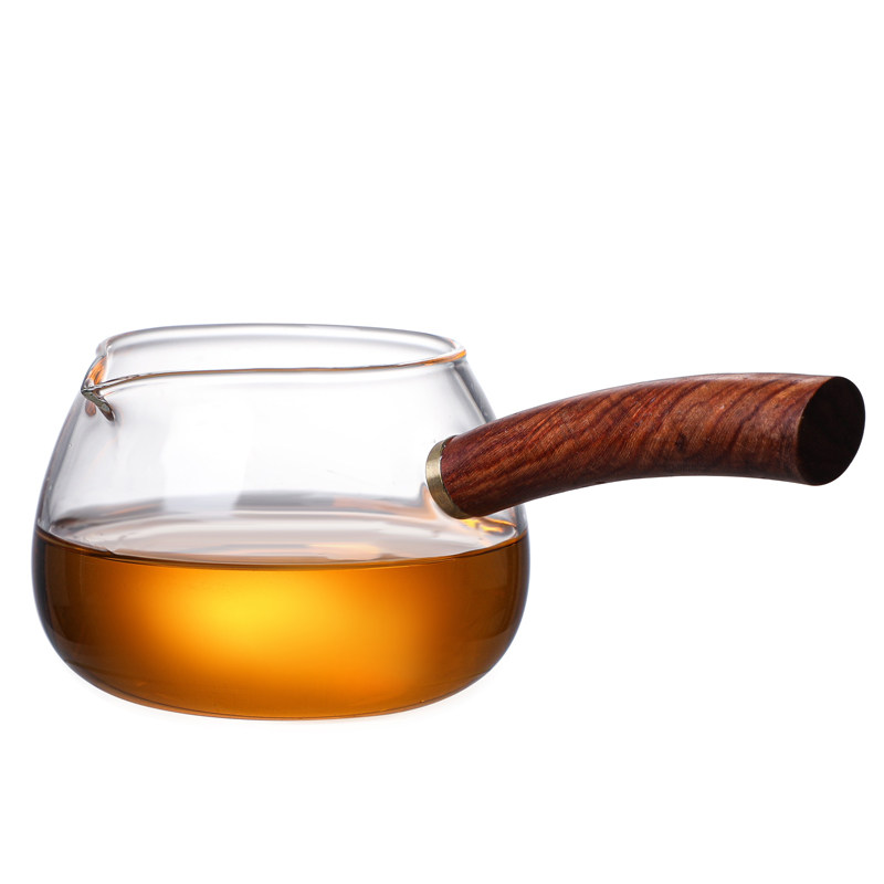 简约木把玻璃公道杯功夫茶具配件分茶器加厚耐高温创意侧把公杯