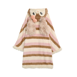 杨二大梦原创粉色条纹漫画眼大耳朵狗睡裙家居服睡衣女款冬高级感