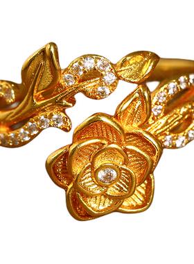 古法沙金纹理花朵锆石戒指巨好看