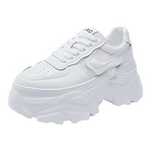 韩版真皮网面8cm厚底小白鞋女鞋子2025秋冬加绒老爹女松糕运动鞋