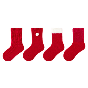 袜子女童秋冬加厚半边绒红色高筒袜儿童冬季保暖袜女孩新年大红袜