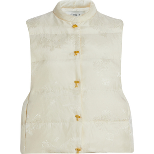 QS秸熙秋冬季新款复古改良轻国风提花马甲女外套保暖叠穿羽绒服女