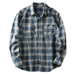 日系风！稀缺配色！男士水洗做旧宽松休闲格子长袖衬衫青年款衬衣