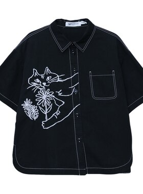 MOVEUP幻走2026春季新款.FUN系列纯棉翻领绣花弧形下摆短款衬衫女