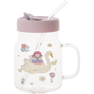 蓝莲花羡鸟文社玻璃杯吸管杯带刻度办公室水杯果汁饮料奶茶杯子夏