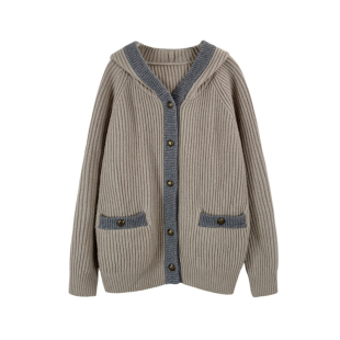 3ts秋冬灰色拼色慵懒风连帽毛衣10o%羊毛外套针织开衫女