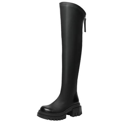 戈美其厚底过膝靴女舒适春秋新款高筒皮靴美拉德小个子棕色长筒靴