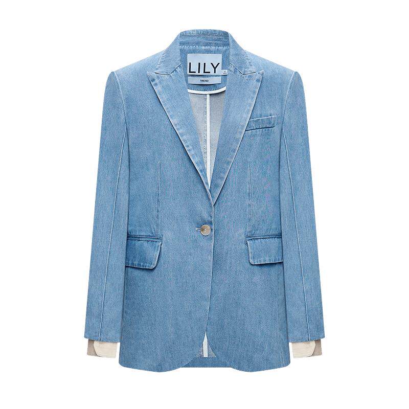 LILY2026春新款女装莱赛尔混纺复古廓形宽松休闲通勤蓝色西装外套