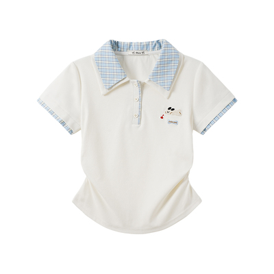 刺绣小狗格纹polo正肩短袖T恤女