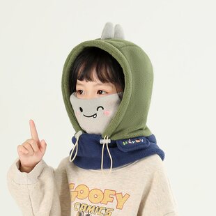 可爱卡通儿童帽子围巾口罩一体冬季男女童毛绒保暖面罩围脖防护帽