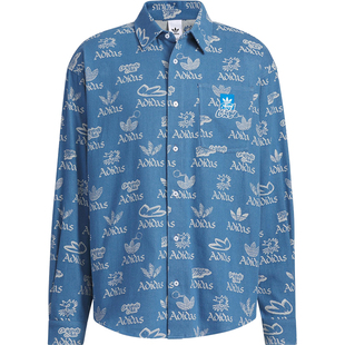 Adidas/阿迪达斯正品三叶草男士宽松翻领满印时尚衬衫JN1662
