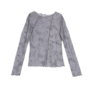 梵凯套头衫女2026春时尚印花圆领长袖薄款气质修身打底雪纺衫上衣