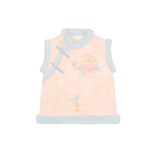 Amybaby女童上衣冬季2025新款中式加绒毛毛边外套绣花马甲外套