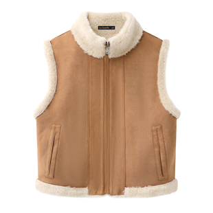 拉夏贝尔/La Chapelle双面穿麂皮绒马甲女冬季新款羊羔毛无袖坎肩