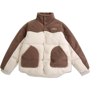 GUUKA浅绿色拼接羊羔绒羽绒服男高克重冬季 情侣加厚外套潮牌宽松