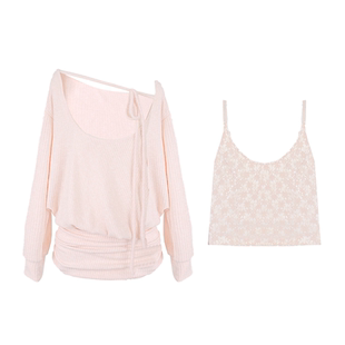 甜梨呆呆山杏甜奈 2025秋冬季新款长袖藕粉色连衣裙+内搭吊带上衣