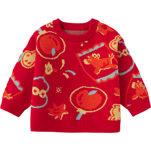 巴拉巴拉宝宝针织衫男童女童毛衣红色新年款秋冬季新款儿童打底衫