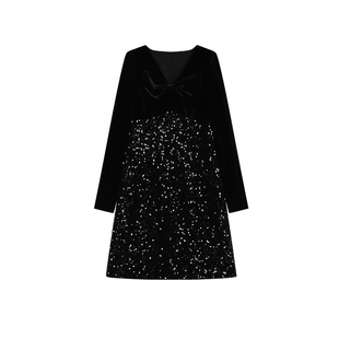 白鹿语法式浪漫V领小黑裙25秋季新款蝴蝶结亮片微弹丝绒连衣裙