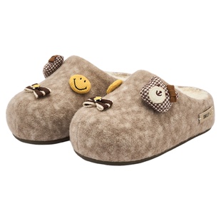 SMILEY笑脸毛绒冬季女米色小熊毛毛穆勒勃肯外穿一脚蹬厚底拖鞋子