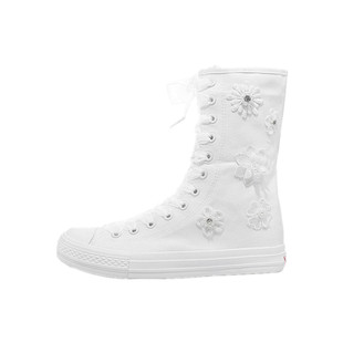 板鞋韩休闲单靴平底高帮帆布鞋高邦单鞋鞋子女春秋中筒靴子拉链白