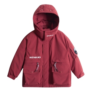 男童冬季红色新年冲锋衣工装羽绒服2025新款中大儿童冬装加厚外套