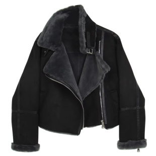 2025冬季麂皮羊羔毛外套女冬黑色机车服加厚in皮毛一体兔绒机车服