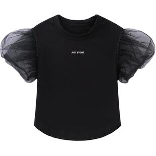 JUZI STORE童装夏季短袖T恤氨纶网纱装饰泡泡袖套头衫女童1125109