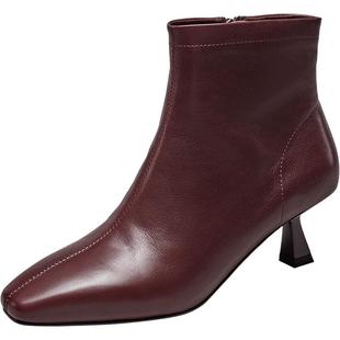 意尔康女鞋秋冬真皮休闲短靴细跟单靴气质法式复古及踝靴女士皮鞋