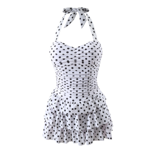 泡温泉游泳衣女大胸款性感法式复古裙式度假泳装连体休闲波点裙子