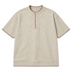 CLIMAX VISION复古手缝线亨利领宽松休闲高智感短袖T恤男圆领tee