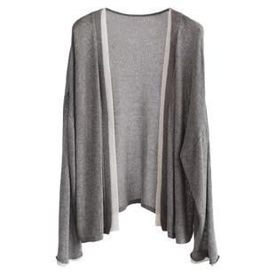 外贸原单春夏季女拼色V领无扣宽松大码亚麻开衫长袖薄外套空调衫