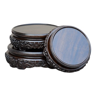 黑檀木水浪圆形底座复古雕花工艺品摆件文艺风茶壶香炉花盆木托