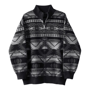 LUUD 重磅850G撞色提花针织开衫男复古图腾元素提花厚实毛衣外套