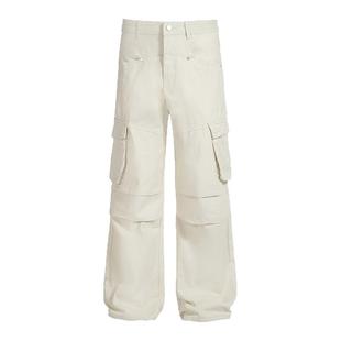 YORAINBOW 春季米白多口袋cleanfit工装裤男生宽松阔腿牛仔裤情侣