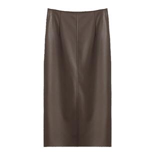 秋冬季女咖色小皮裙气质半身裙修身中长款直筒高腰一步裙PU包臀裙