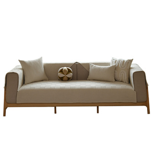 鑫地编织 四季通用棉麻沙发垫布艺 米白格简约现代加厚粗布防静电