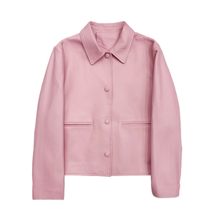 茉萱进口绵羊皮外套女新款简约休闲白色真皮皮衣气质翻领时尚夹克