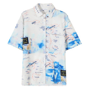 mapogo 原宿风复古航海图上衣街头嘻哈宽松印花短袖衬衫学生男女