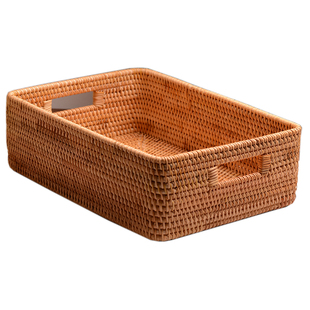 越南藤编收纳筐手工实木美式高档编织篮茶几杂物桌面长方形筐篮子